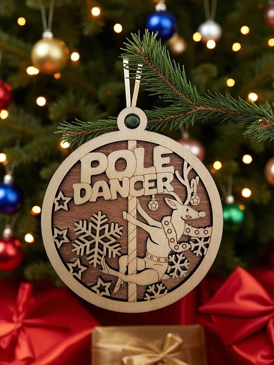 Naughty and Nice Wood Pole Dancer Ornament, 4 Inches Round