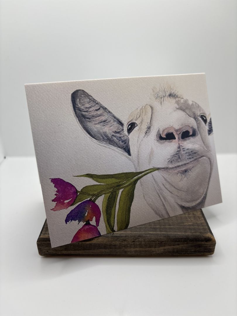 Goat w/ Flowers Original Watercolor Greeting Card (Blank Inside), 4"x6"