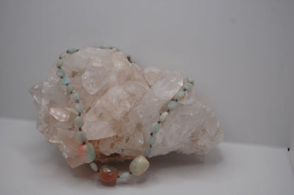 Necklace - Serpentine Beaded Necklace with 3 chunky peach and green accent stones
