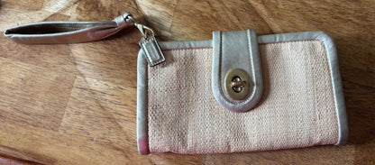 Wristlet - Authentic Coach woven straw/raffia, champagne-gold leather wristlet