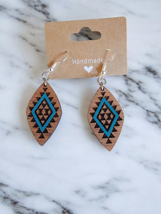 Brown Handmade Wood Diamond Turquoise Dangle Earrings, 2 Inches