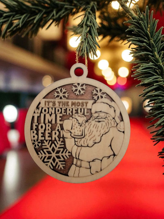 Naughty and Nice Wood Time for a Beer Ornament, 4 Inches Round