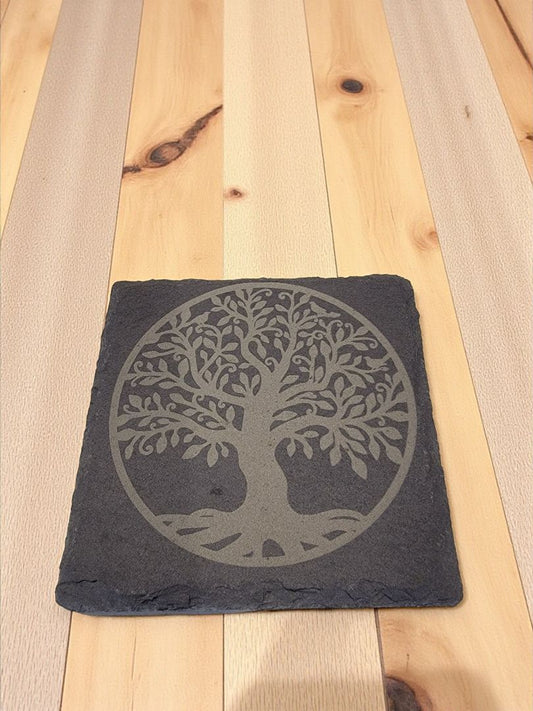 Black  Tree of Life Slate Coaster, 4 inch by 4 inch