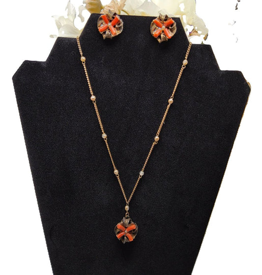 Vintage Bamboo Coral Necklace and Clip on Earrings Jewelry