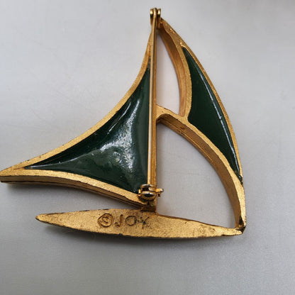 Vintage 70s Sailboat | Brooch | Blue Sails | Resin Enamel | Gold Plated | Stamped Joy | Heavier Pin Vintage