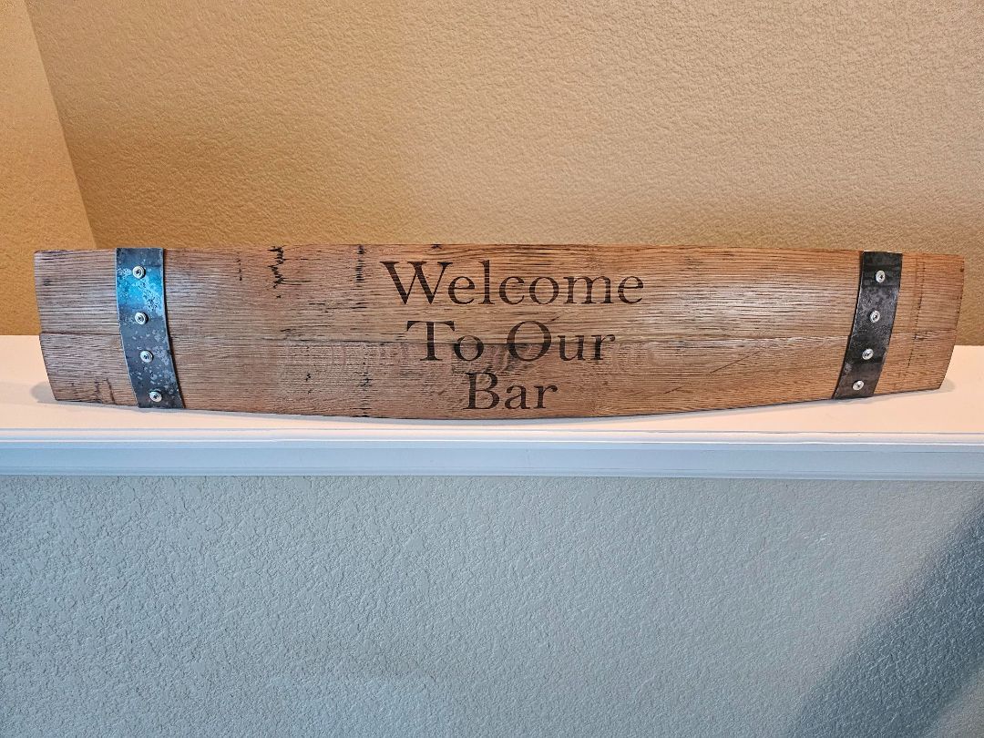 Wood Whiskey Barrel Stave Sign Welcome to our Bar, 36 inches wide, 6 inches tall
