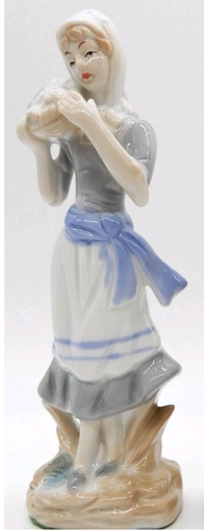 Blue Pastels Zamboli Vintage Porcelian Farm Girl with basket, 8.25"