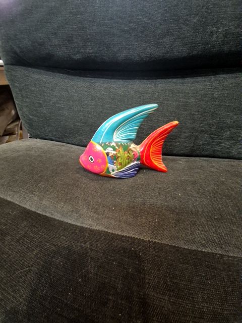 Pink Face, Red Tail, Portrait on Body Hand-Painted Mexican Pottery Fish, 6 Inches