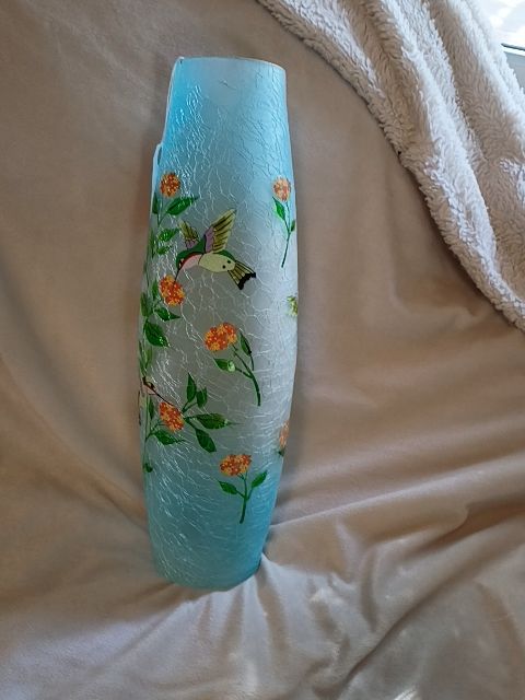 Blue hand painted crackle glass vase 6" x 16"