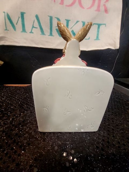 Cream Holder, Brown Bunny, Red Dress  Porcelain Rabbit w/Basket of Eggs Napkin Holder, 4" × 3.5" × 6"