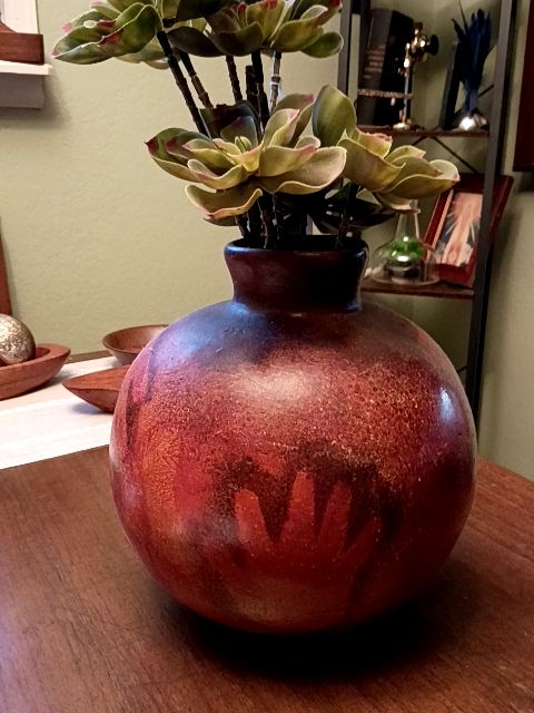 Hand crafted brown pottery vase 11" x 12", succulent