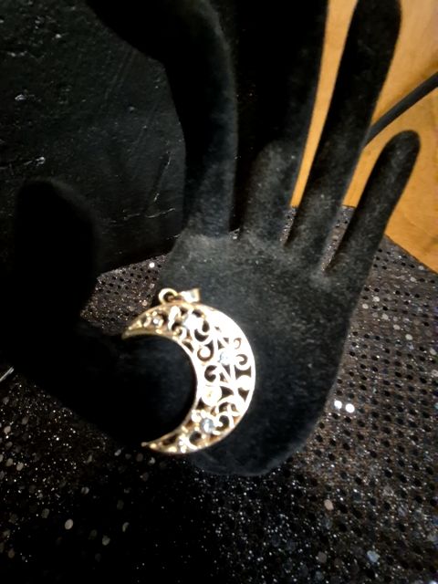 Goldtone  Half Moon w/Rhinestones Pendant, 1.5"