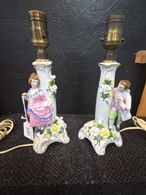 Set of Antique German Lamp Hand Painted Porcelain Lady with flowers