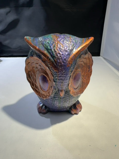 Purple copper teal Luminous Creations Ceramic acrylic poured owl, 6 inches X 5 inches x 4 inches