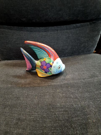 Light Blue Face, Blue and Pink Tail Hand-Painted Mexican Pottery Fish, 6 Inches