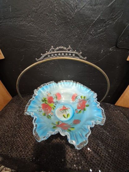 Blue Floral Hand painted Brides Basket, 10"