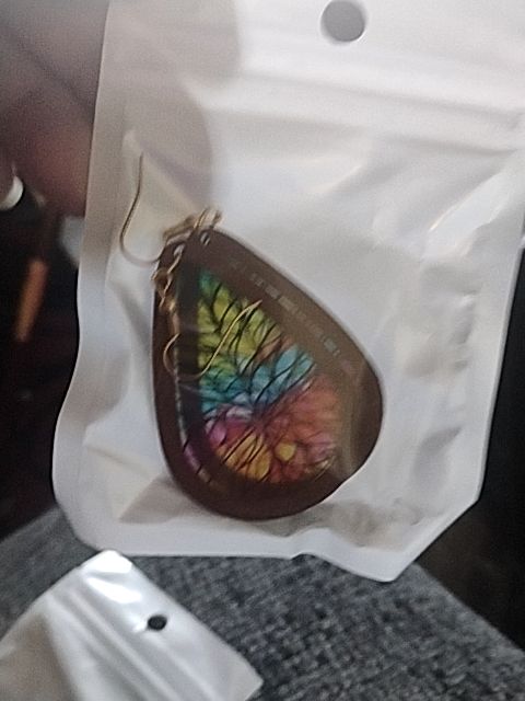 Wood with stained glass multi-colored  Glass mosaic earrings