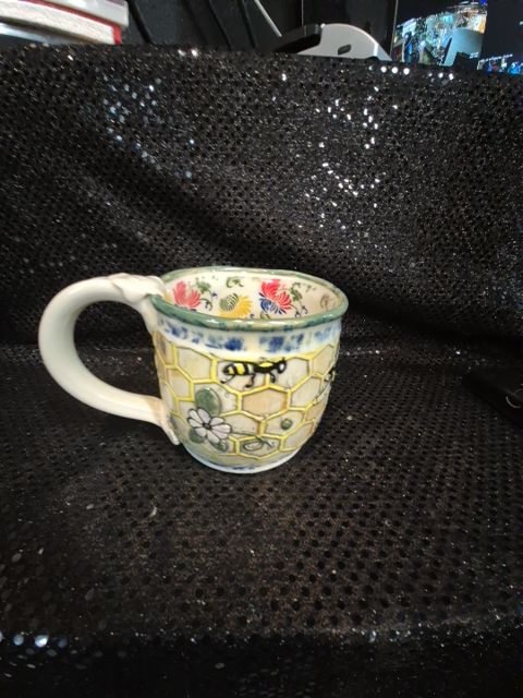 Signed Melony Sawyer Bumblebee Ceramic Mug, 4.5" × 4"
