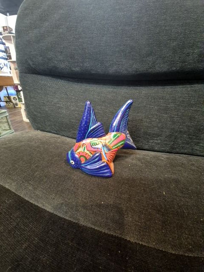 Blue Face and Tail, Pink Body Hand-Painted Mexican Pottery Fish, 5.5 inches