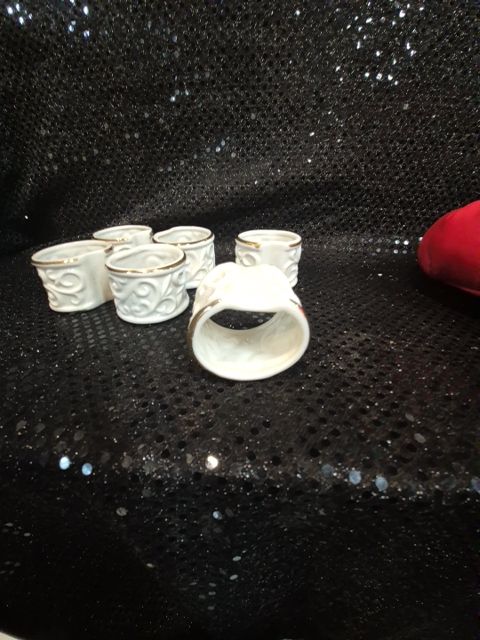 White w/Gold Trim  Porcelin Napkin Rings, Set of 6, As Is