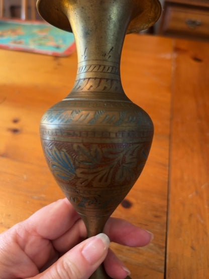 Vintage India Brass Handcrafted Flower Vase - 8"