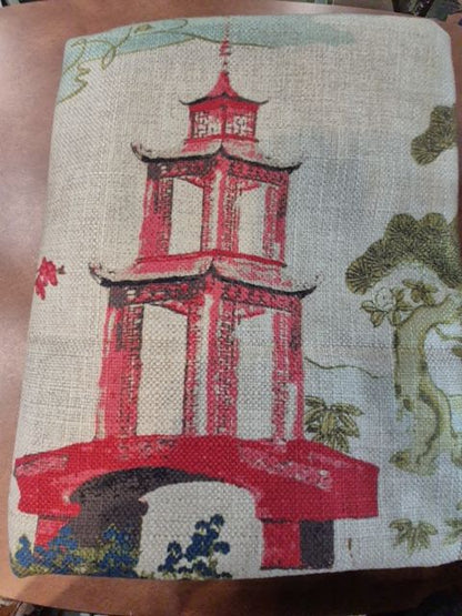 Tan w/Red Temple Type Bulding Regal Fabrics ExclusiveBasketweave Fabric, 57" × 76"