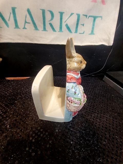 Cream Holder, Brown Bunny, Red Dress  Porcelain Rabbit w/Basket of Eggs Napkin Holder, 4" × 3.5" × 6"