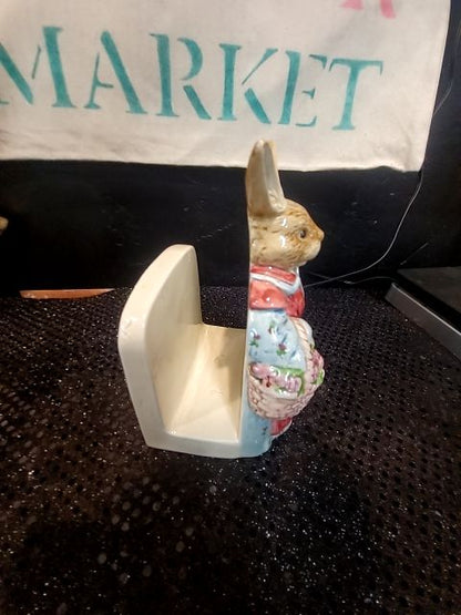 Cream Holder, Brown Bunny, Red Dress  Porcelain Rabbit w/Basket of Eggs Napkin Holder, 4" × 3.5" × 6"