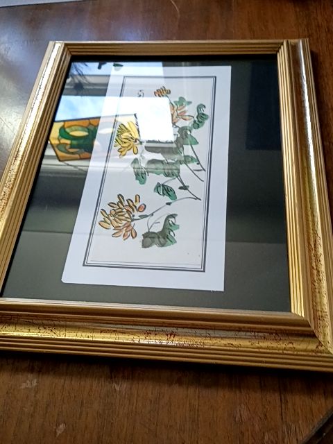14" x 14 original Chinese floral water color gold frame
