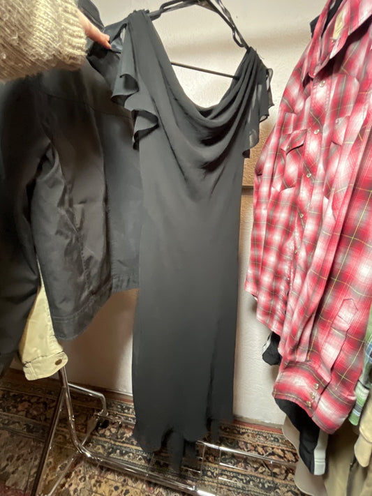 90s Black Flowy Formal Dress, M
