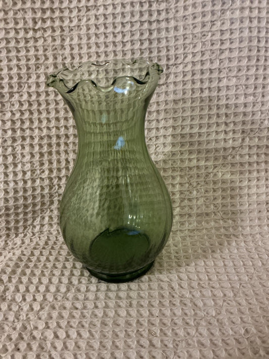Green unknown Green glass reverse swirl vase, 7”