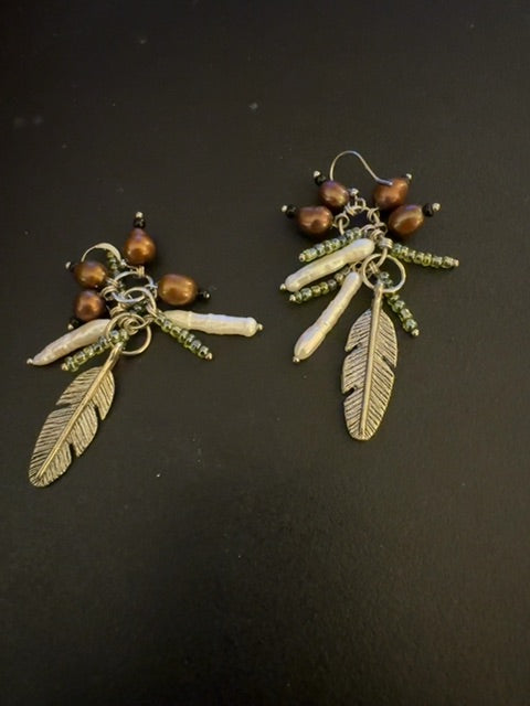 Feather silver tone bead pearl dangle earrings
