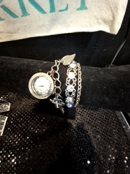 Silver w/Rhinestones Charm Watch Bracelet, 8"
