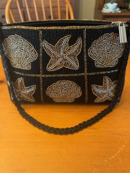 Beaded Bag w/ Gold and Silver Starfish and Shell Pattern