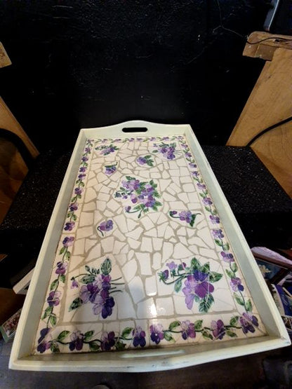 Cream w/Purple Flowers  Mosaic Decorative Tray, 19" × 13" × 2"