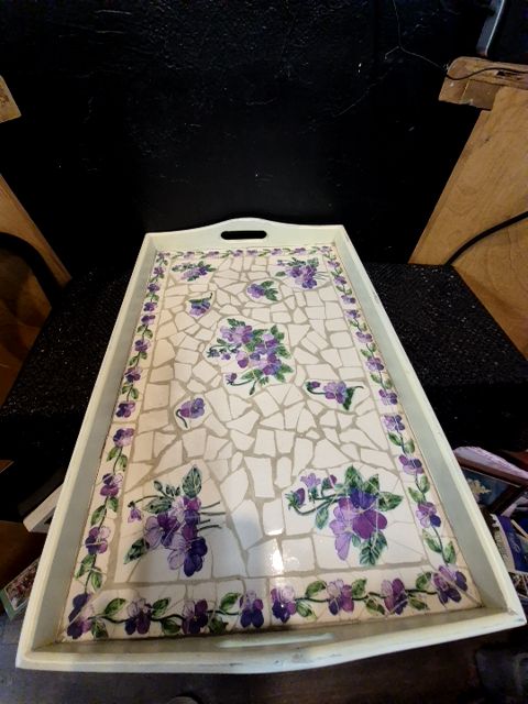 Cream w/Purple Flowers  Mosaic Decorative Tray, 19" × 13" × 2"
