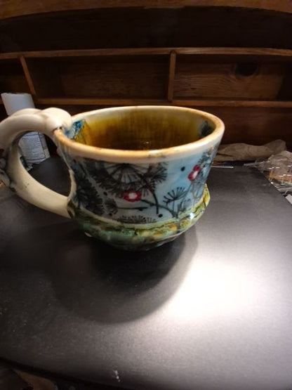 Floral w/Butterfly Inside Rim Signed Melony Sawyer Ceramic Mug