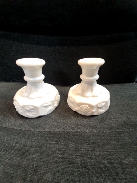 White Westmoreland Paneled Grape Milk Glass Candlesticks/Holders, 4.5" × 4"