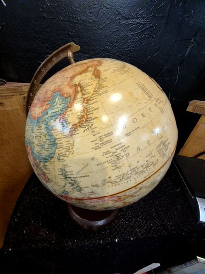Tan Replogle Globe on Wooden and Metal Stand, 9" Diameter × 12.5" H