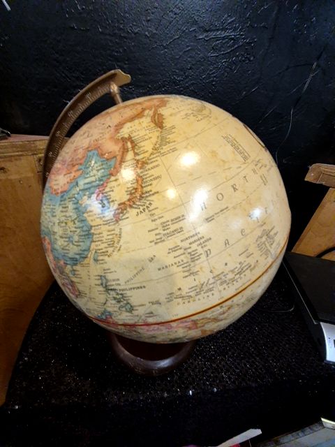 Tan Replogle Globe on Wooden and Metal Stand, 9" Diameter × 12.5" H