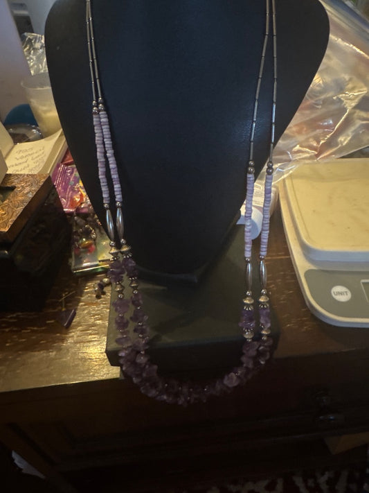 Long amethyst and silver bead necklace