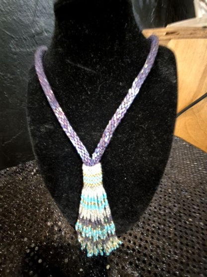 Purple  Beaded Necklace W/Tassle, 30"