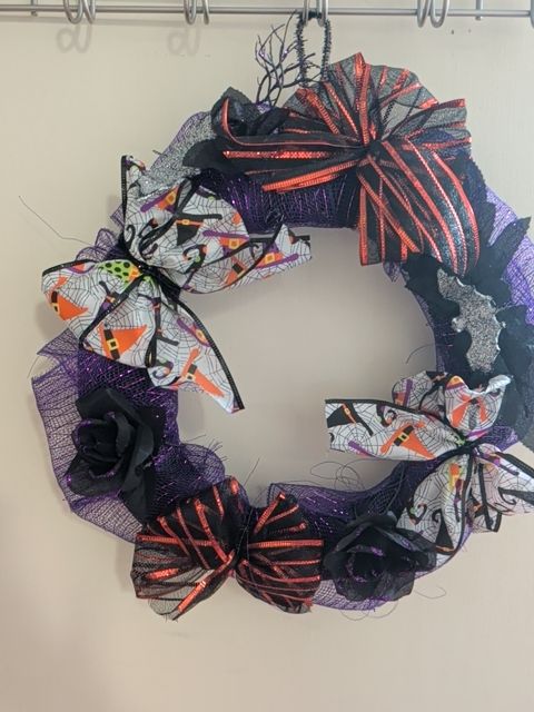 Black, Orange, & Purple  Halloween Wreath w/Bats, Bows, & Roses, 15"