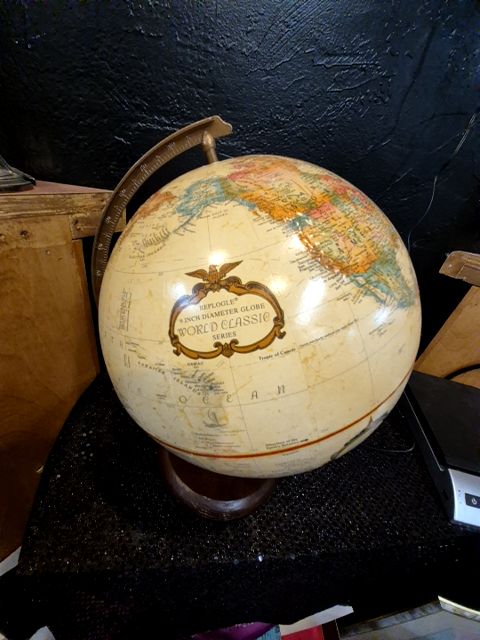 Tan Replogle Globe on Wooden and Metal Stand, 9" Diameter × 12.5" H