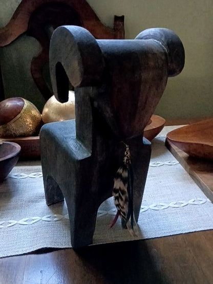 Bohemian carved wood ram/feather display, 7" x 10"