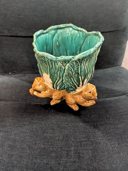 Porcelain Bunnies Holding Cabbage Pot (Missing a carrot), 9x11inch