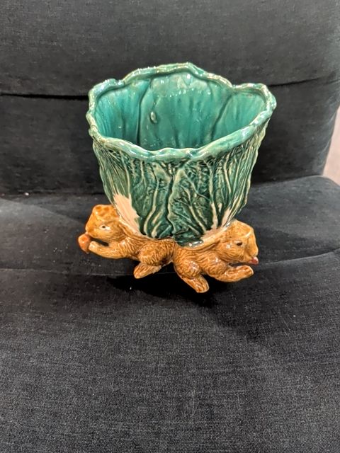 Porcelain Bunnies Holding Cabbage Pot (Missing a carrot), 9x11inch