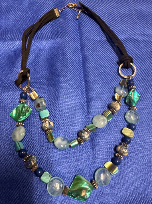 Double-Strand Blue Pearl & Stone Necklace