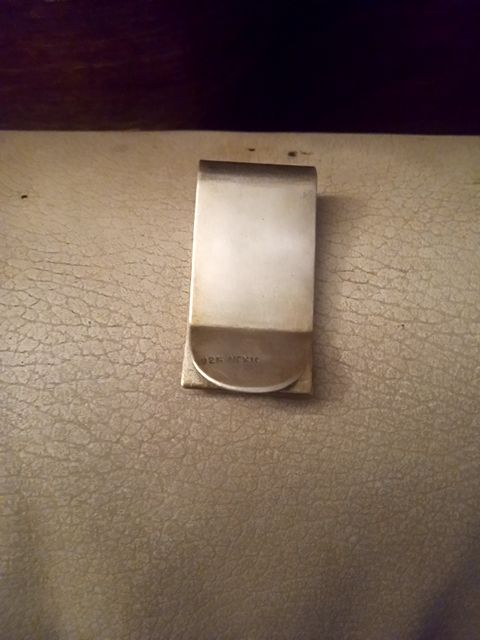 Vintage sterling silver Taxco money clip w/fish & chip inlay