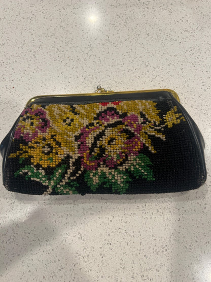 vintage black floral petit point needlepoint